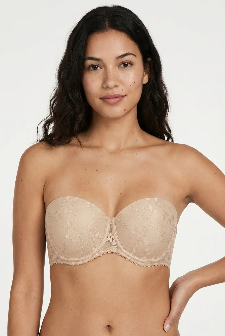 LunaIntim Cappuccino Rengi Dantel Kaplı Straplez Tenle Bütünleşen Nude Sütyen - Dantel Detay